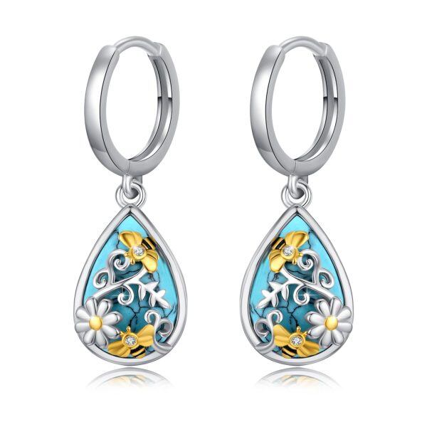 Sterling Silver Daisy Flower Bee Turquoise Dangle Earrings-0