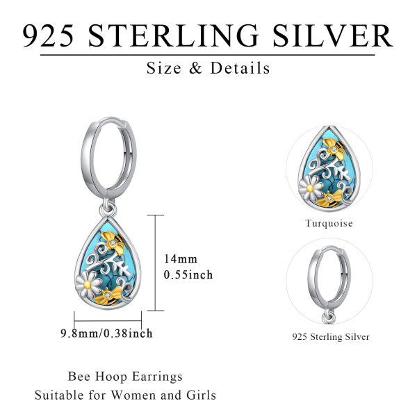 Sterling Silver Daisy Flower Bee Turquoise Dangle Earrings-1