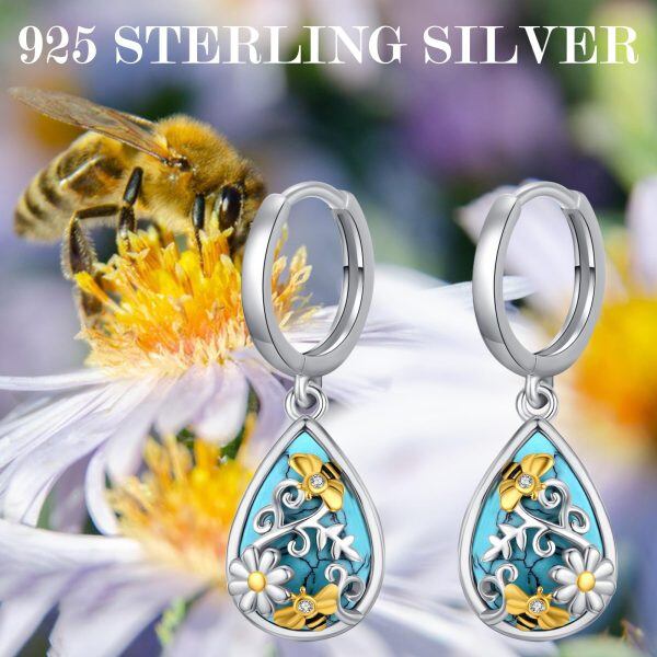 Sterling Silver Daisy Flower Bee Turquoise Dangle Earrings-5