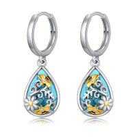 wholesale 925 Sterling Silver Turquoise Honeybee Daisy Filigree Teardrop Dangle Hoop Earrings- Rhodium And Gold Plated
