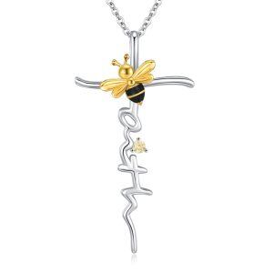 Sterling Silver Bee Faith Cross Pendant Necklace-0