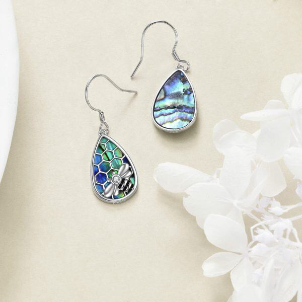 Sterling Silver Abalone Shell Bee Dangle Earrings-3