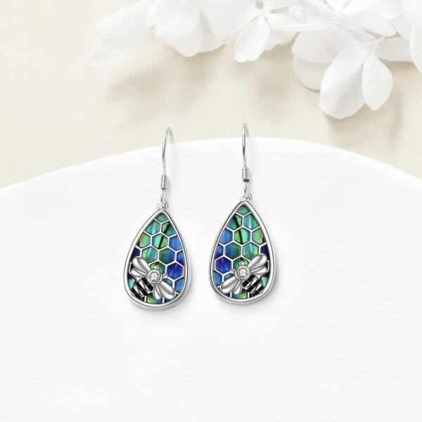 Sterling Silver Abalone Shell Bee Dangle Earrings-4