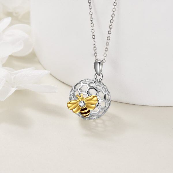 Sterling Silver Bee Honeycomb Ball Pendant Necklace-3