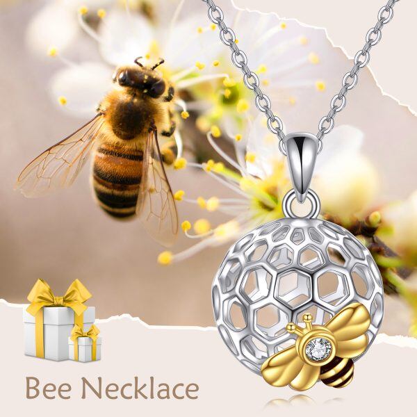 Sterling Silver Bee Honeycomb Ball Pendant Necklace-5