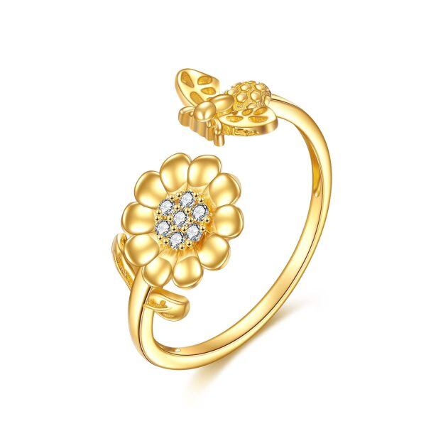 14K Solid Gold Sunflower Flower Bee Adjustable Rings-0