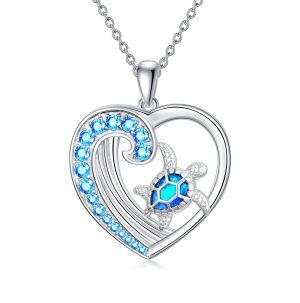 Sterling Silver Heart Created Opal Sea Turtle Pendant Necklace-0