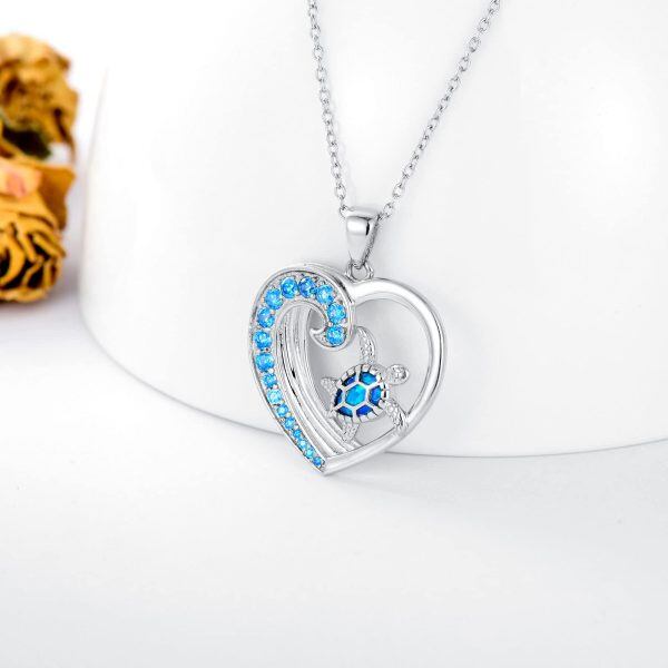 Sterling Silver Heart Created Opal Sea Turtle Pendant Necklace-3