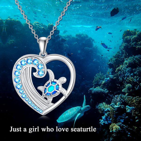 Sterling Silver Heart Created Opal Sea Turtle Pendant Necklace-4