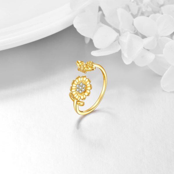 14K Solid Gold Sunflower Flower Bee Adjustable Rings-2