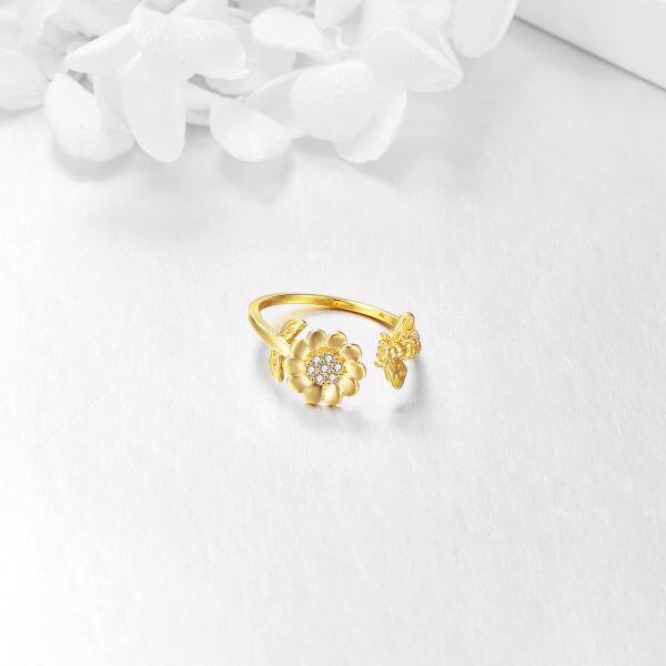 14K Solid Gold Sunflower Flower Bee Adjustable Rings-3