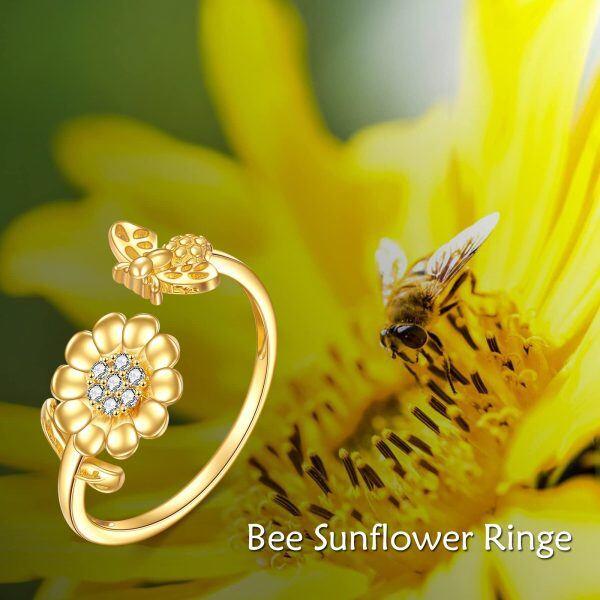 14K Solid Gold Sunflower Flower Bee Adjustable Rings-4