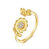 wholesale 14K Gold Adjustable Sunflower Open Ring Jewelry Gift for Women Her - US # 6- US # 6
