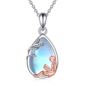 Sterling Silver Two-tone Moonstone Reading Girl Pendant Necklace-0