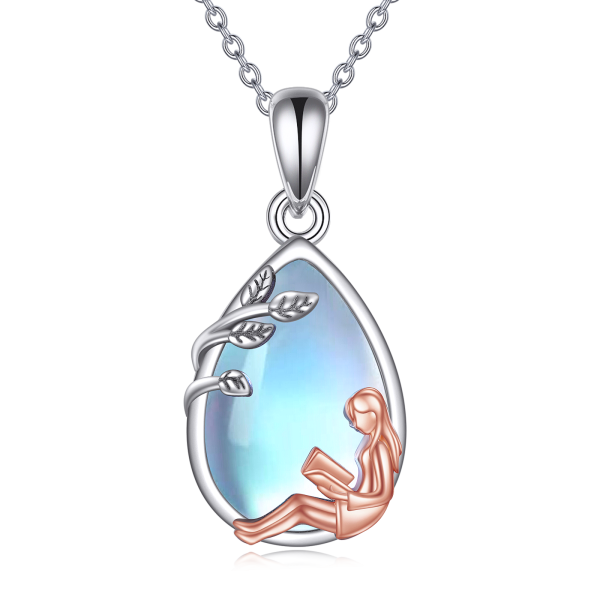 Sterling Silver Two-tone Moonstone Reading Girl Pendant Necklace-1