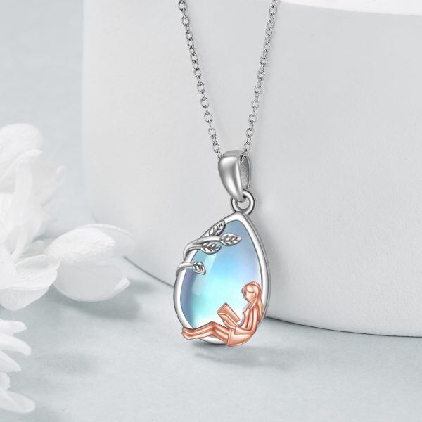 Sterling Silver Two-tone Moonstone Reading Girl Pendant Necklace-2