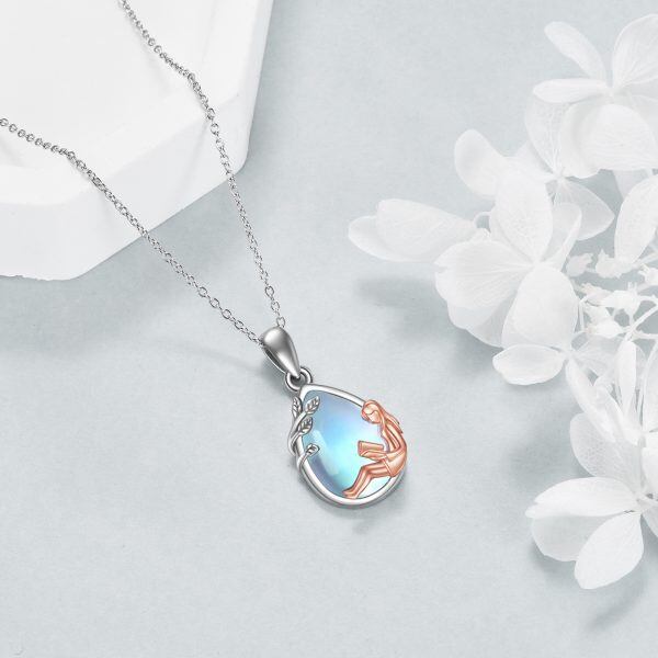 Sterling Silver Two-tone Moonstone Reading Girl Pendant Necklace-3