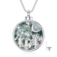 wholesale 925 Sterling Silver Green Agate Mountain Moon Stars Cremation Keepsake Pendant Necklace with Funnel and Fill Tool- Rhodium Plated