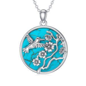 Sterling Silver Hummingbird and Flowers Turquoise Pendant Necklace-0