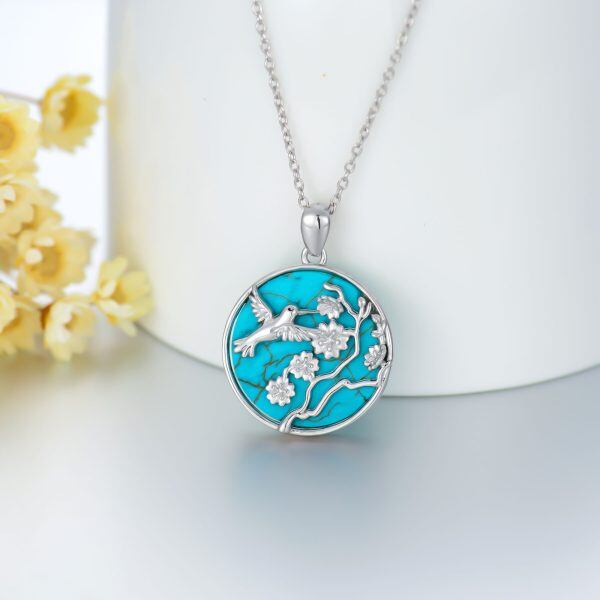 Sterling Silver Hummingbird and Flowers Turquoise Pendant Necklace-3