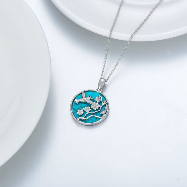 Sterling Silver Hummingbird and Flowers Turquoise Pendant Necklace-4