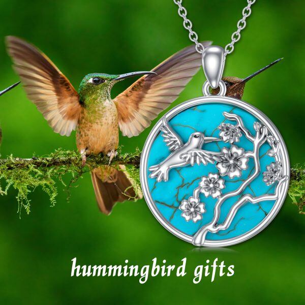 Sterling Silver Hummingbird and Flowers Turquoise Pendant Necklace-5