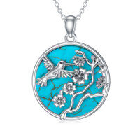 wholesale 925 Sterling Silver Natural Turquoise Hummingbird & Flowers Pendant Necklaces for Women Gifts Jewelry 48 Chain Length- Rhodium Plated