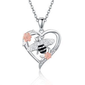 Sterling Silver Bee Flower Heart Pendant Necklace-0