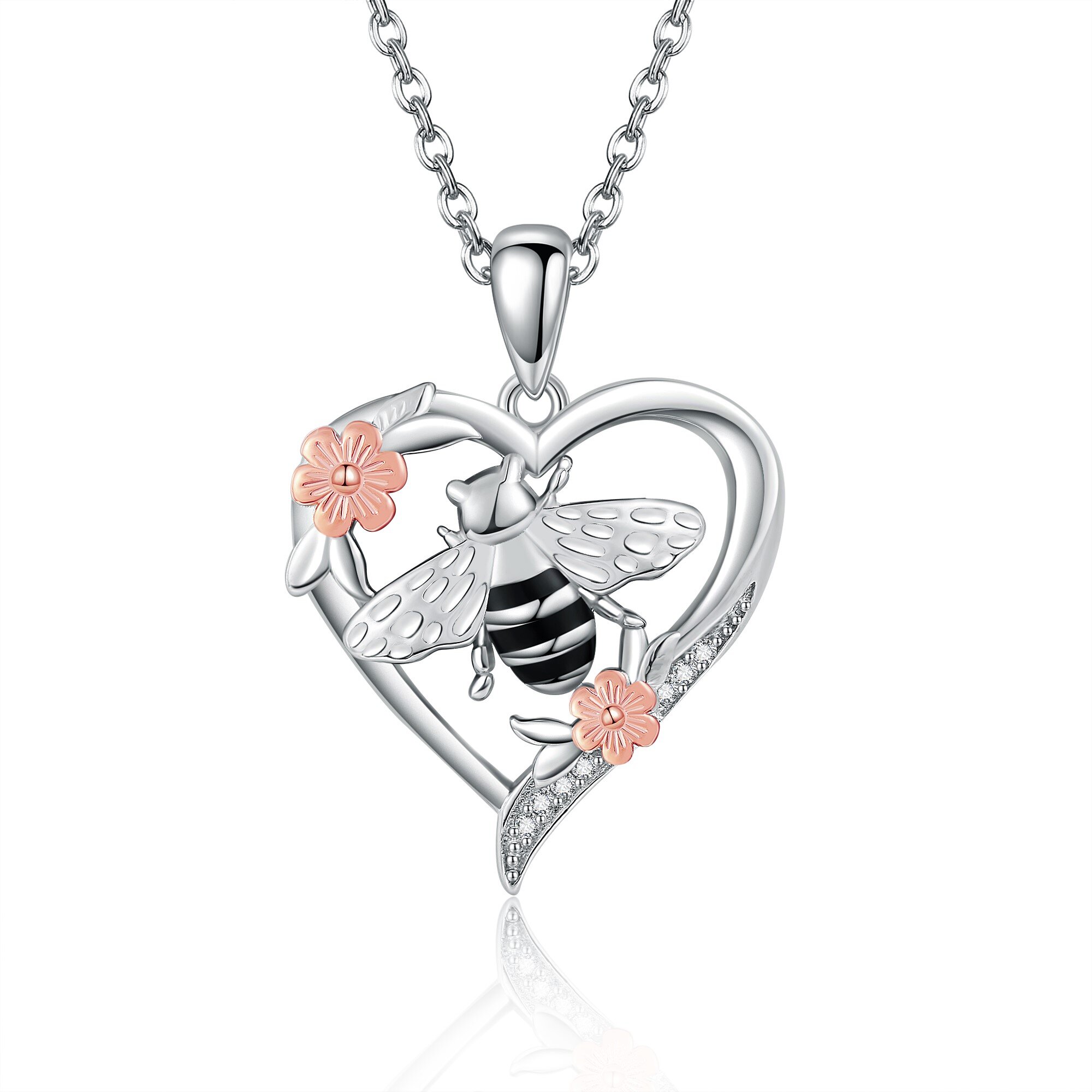 Sterling Silver Bee Flower Heart Pendant Necklace - Rhodium And Rose Gold Plated-0-0