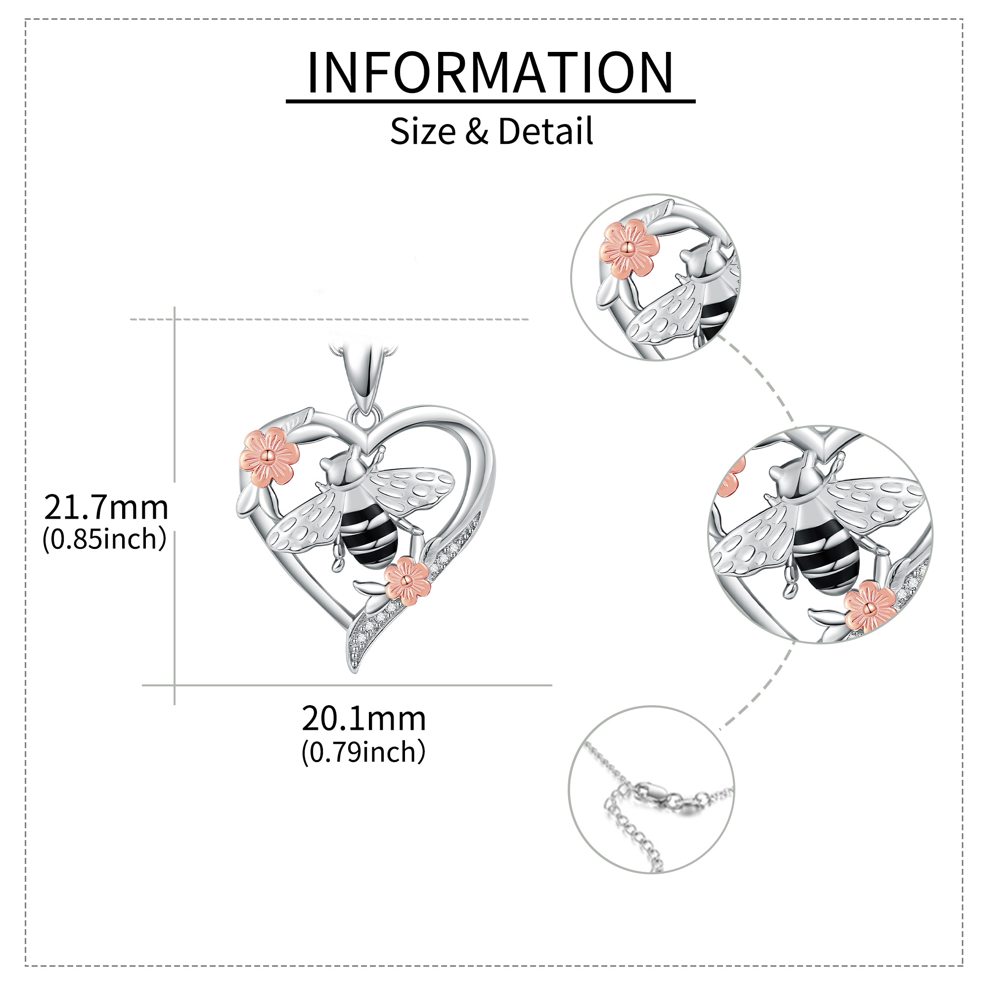 Sterling Silver Bee Flower Heart Pendant Necklace - Rhodium And Rose Gold Plated-0-1