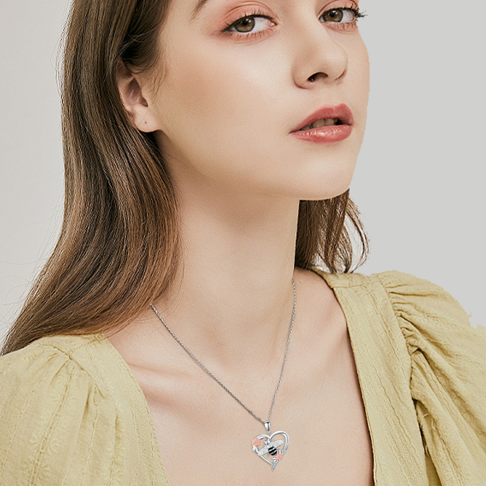 Sterling Silver Bee Flower Heart Pendant Necklace - Rhodium And Rose Gold Plated-0-2
