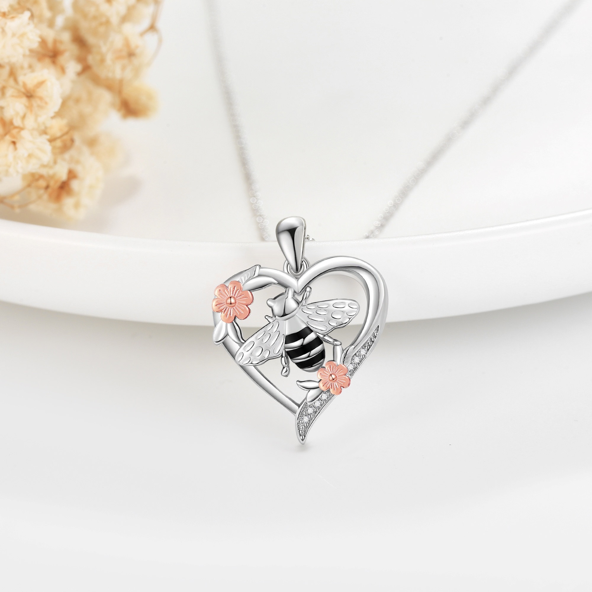 Sterling Silver Bee Flower Heart Pendant Necklace - Rhodium And Rose Gold Plated-0-3