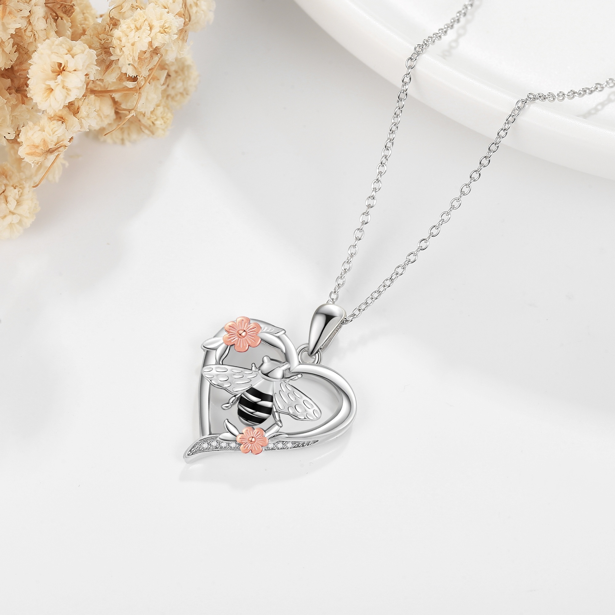 Sterling Silver Bee Flower Heart Pendant Necklace - Rhodium And Rose Gold Plated-0-4