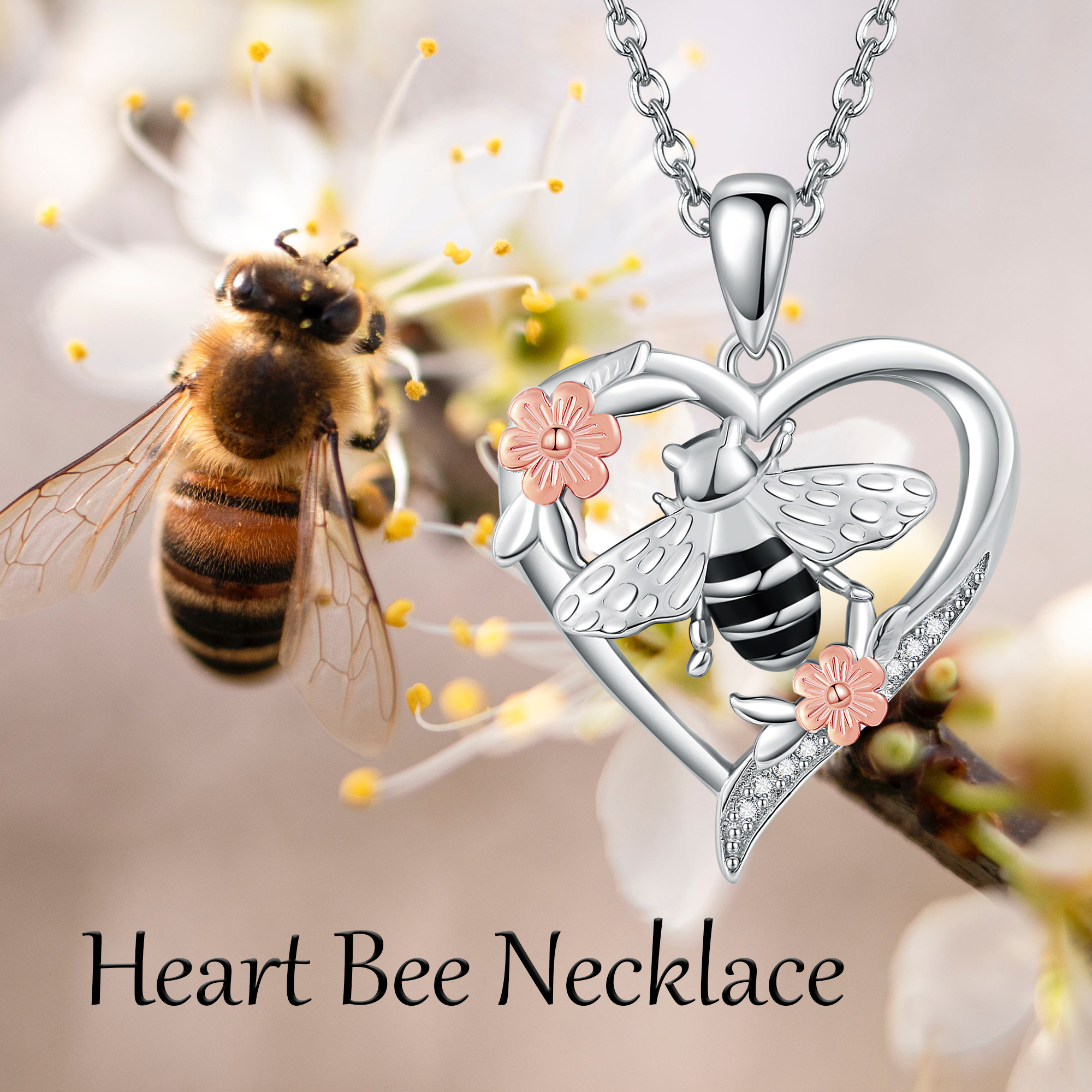 Sterling Silver Bee Flower Heart Pendant Necklace - Rhodium And Rose Gold Plated-0-5