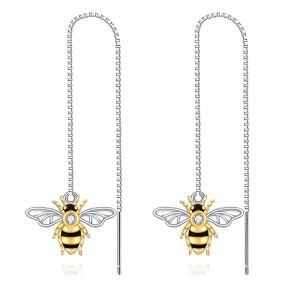 Sterling Silver Bee Threader Earrings with Shining CZ-0