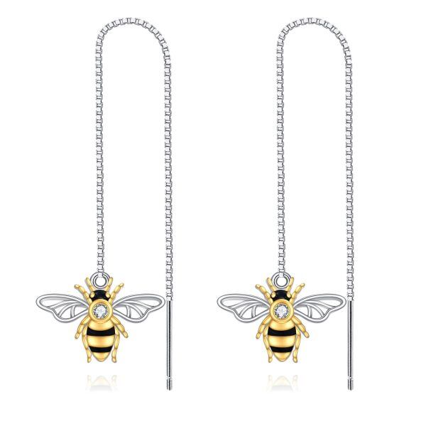 Sterling Silver Bee Threader Earrings with Shining CZ-0