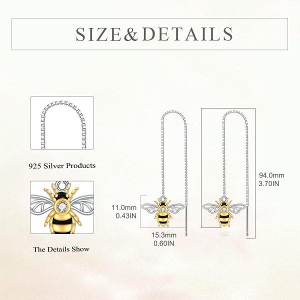 Sterling Silver Bee Threader Earrings with Shining CZ-1