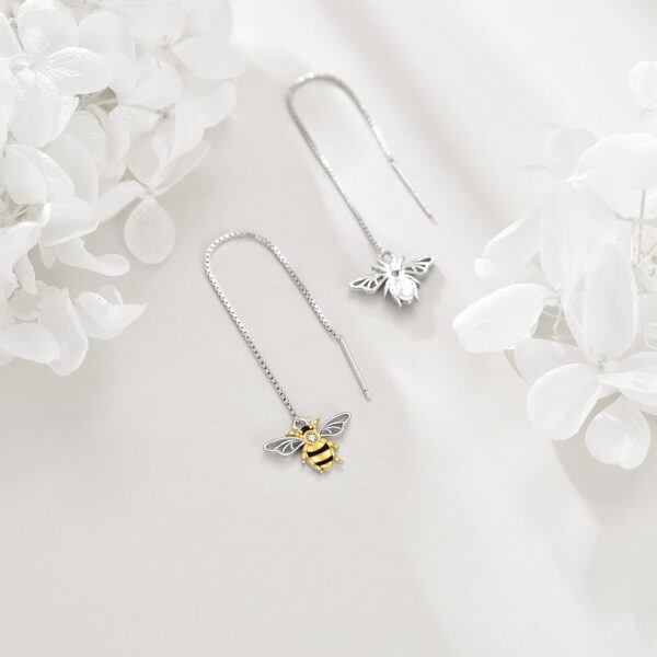 Sterling Silver Bee Threader Earrings with Shining CZ-4