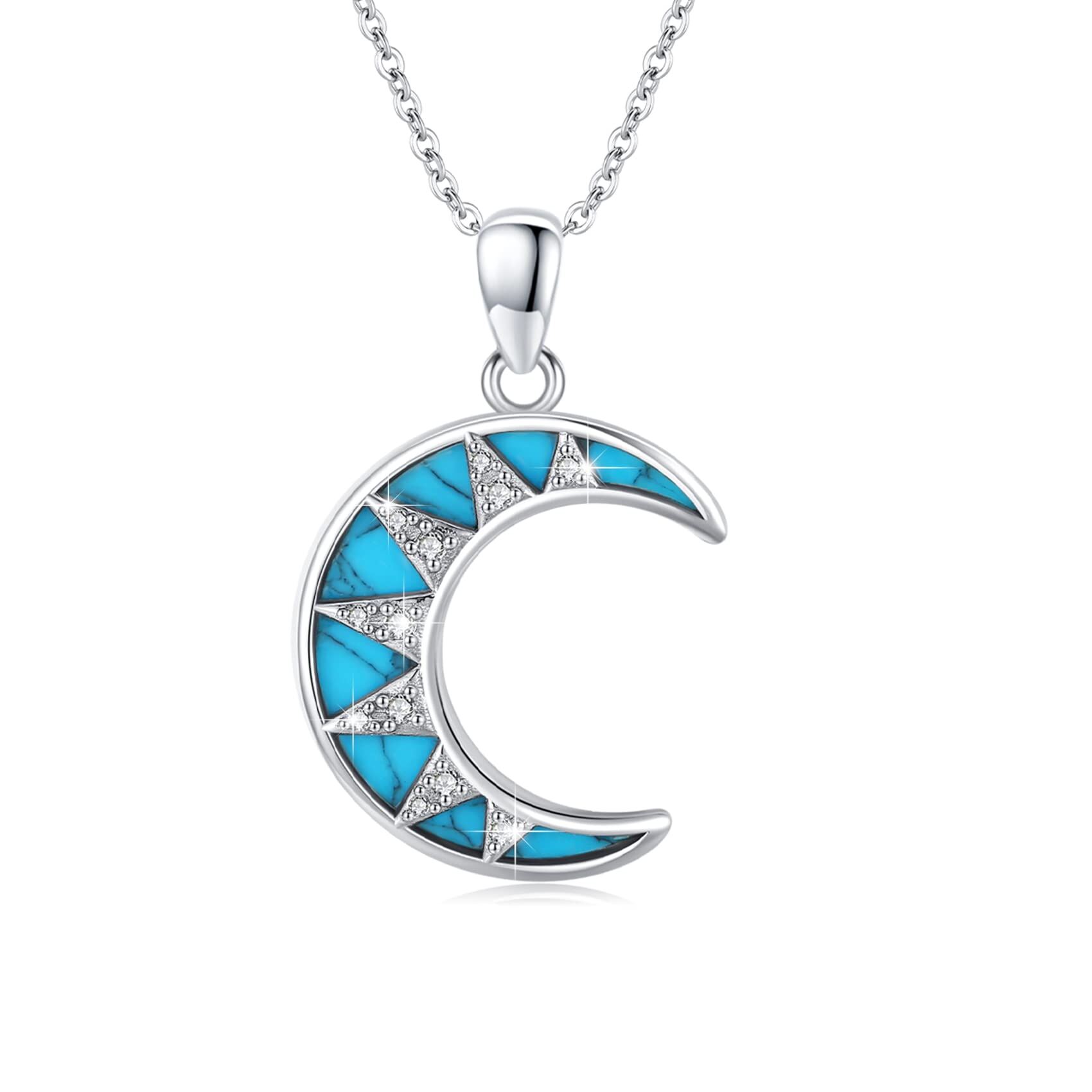 Sterling Silver Turquoise Crescent Moon Pendant Necklace - Rhodium Plated-0-0