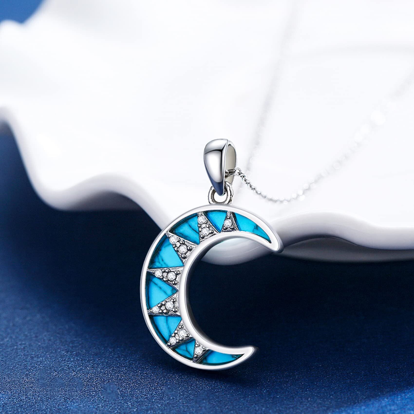 Sterling Silver Turquoise Crescent Moon Pendant Necklace - Rhodium Plated-0-4