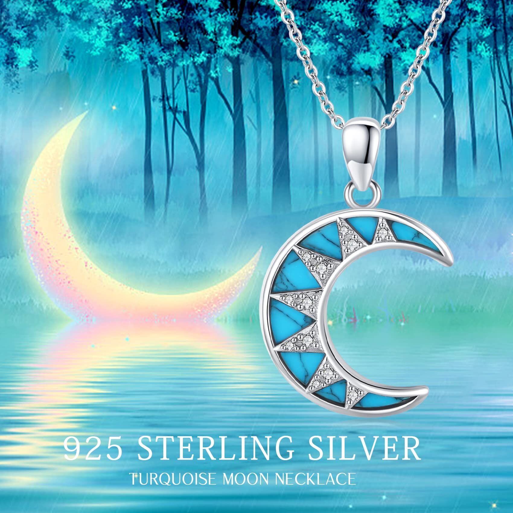 Sterling Silver Turquoise Crescent Moon Pendant Necklace - Rhodium Plated-0-5