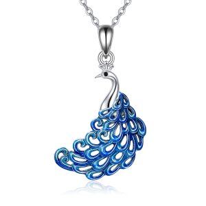 Sterling Silver Blue Enamel Peacock Pendant Necklace-0