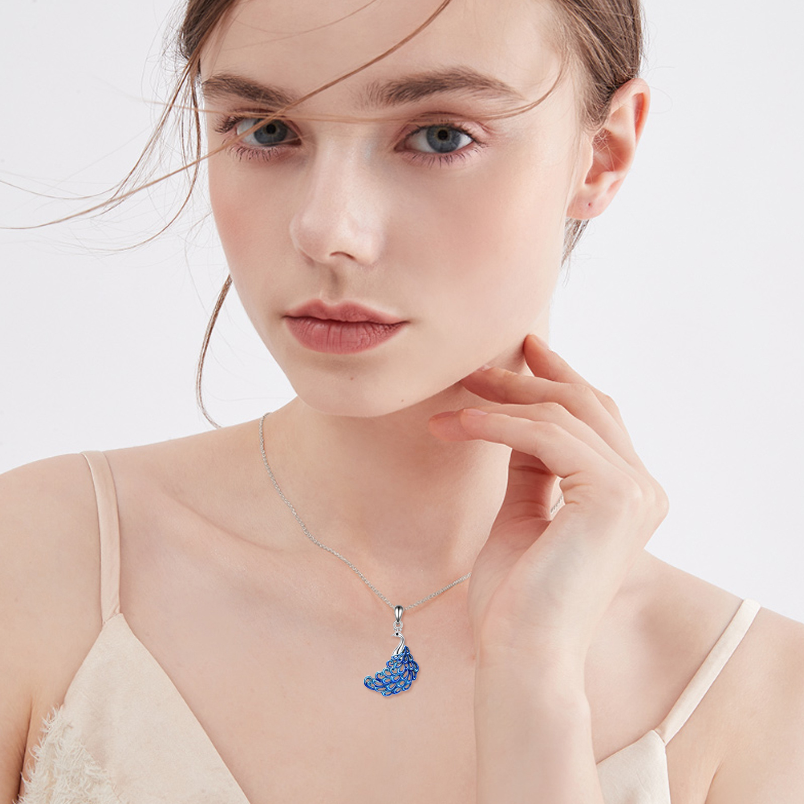 Sterling Silver Blue Enamel Peacock Pendant Necklace - Rhodium Plated-0-2