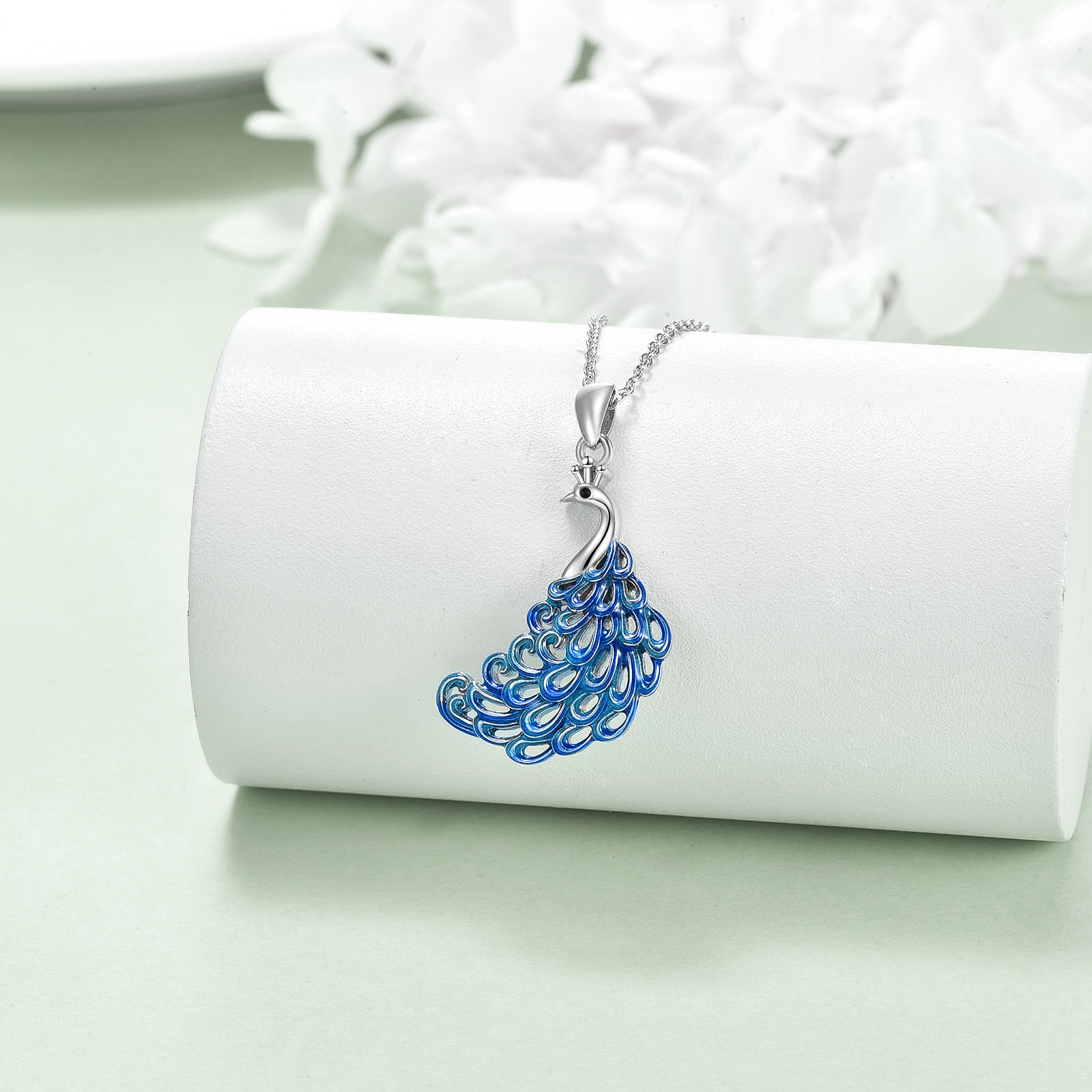 Sterling Silver Blue Enamel Peacock Pendant Necklace - Rhodium Plated-0-3