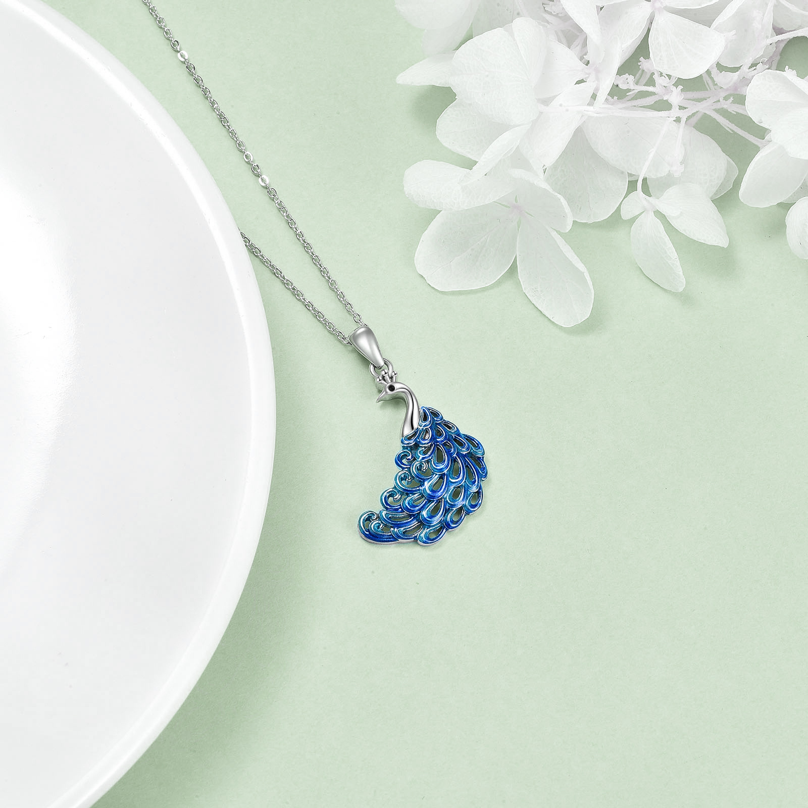 Sterling Silver Blue Enamel Peacock Pendant Necklace - Rhodium Plated-0-4