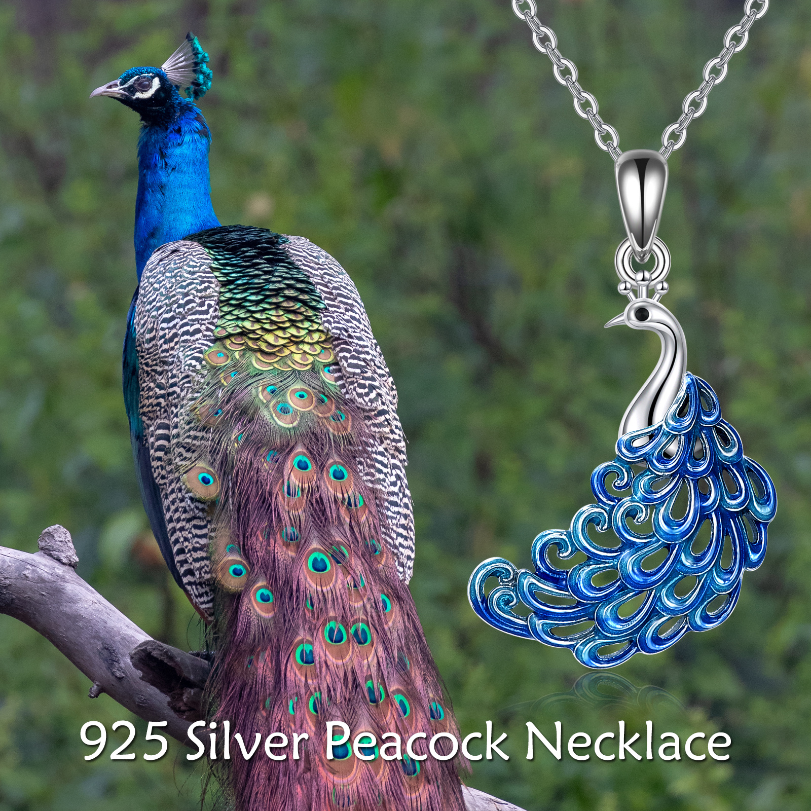 Sterling Silver Blue Enamel Peacock Pendant Necklace - Rhodium Plated-0-5