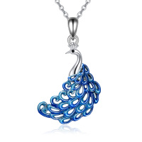 wholesale 925 Sterling Silver Blue Enamel Peacock Pendant Necklace for Women- Rhodium Plated