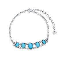 wholesale 925 Sterling Silver & Blue Turquoise Oval Beaded Chain Bracelet - Adjustable Length Western Style Vintage Jewelry for Women Gifts- Rhodium Plated
