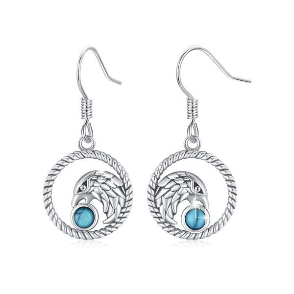 Sterling Silver Oxidized Eagle Bird Turquoise Dangle Earrings-0