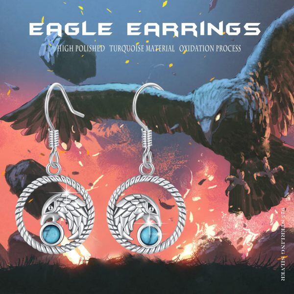 Sterling Silver Oxidized Eagle Bird Turquoise Dangle Earrings-5